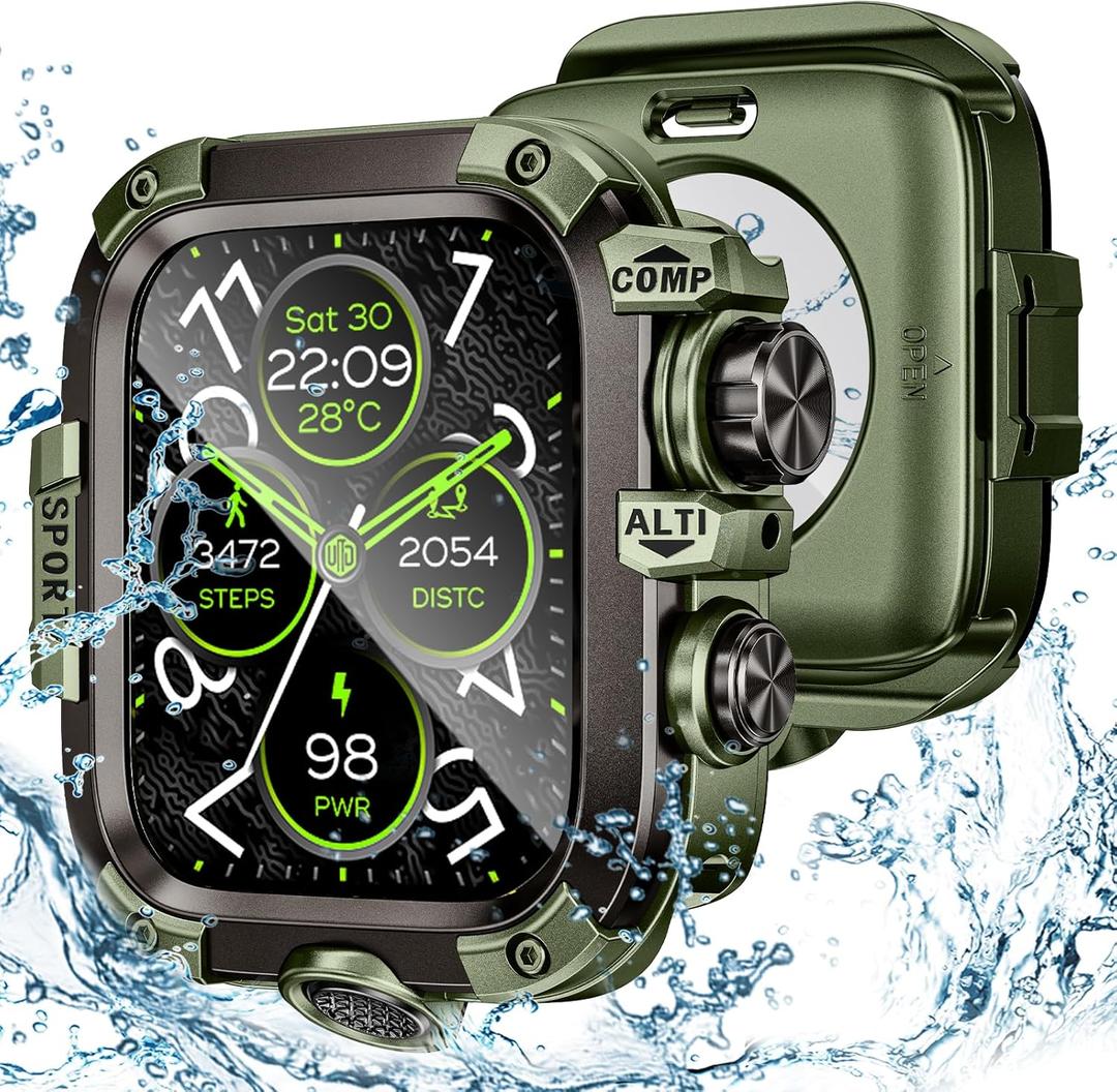 3 in 1 Goton Metal PC Case for Apple Watch Screen Protector 44mm, 360 Protective Rugged Tempered Glass Waterproof Face Cover Bumper for Apple Watch SE 3/SE 2/SE, Sereies 6/5/4, 44mm Green