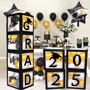 2025 Graduation Party Decoration Black Balloon Boxes with Letters 2025 Grad & So Proud of You and 20 pcs Ballons