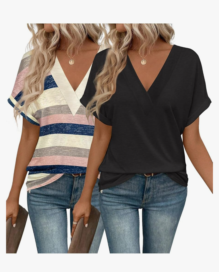 2PCS T Shirts Short Sleeve V Neck Tees Womens Fashion Tops Trendy Soft 2025 Casual Summer Spring Outfits Clothes L