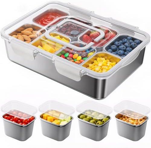 Osfel Stainless Steel Snackle Box Container with 8 Removable Silicone Sleeve Armored Metal Compartments Dish Washer Safe Snack Containers with Portable Handle for Parties, Housewarming, Mother's Day