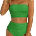 High Waisted Bandeau Bikini Set - Women Strapless Two Piece Swimsuits Ribbed Longline Full Coverage Bathing Suits Swimwear Medium