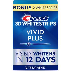 Crest 3D Whitestrips Vivid Plus, Teeth Whitening Strip Kit, 10 Treatments + 2 Bonus Treatments (Each with 1 Upper/1 Lower Strip), 24 Strips, 8 Levels Whiter, Teeth Whitening Kit