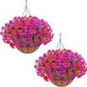 Elyum 2 Pack Artificial Hanging Flowers for Outdoors, Fake Flowers Artificial Petunias Hanging Baskets for Outdoors, UV Resistant Fake Hanging Plants Flowers for Outside Garden Patio Porch Decor (Purple&rose Red)