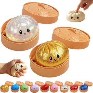 Dumpling Squishy, 2PCS Glitter Dumpling Squishy Toys, Squishies Dumplings with Mystery Steamer Box, Stress & Anxiety Relief Toys for Kids & Adults Non-Edible (Glitter White Gold)