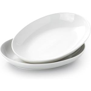 14 Inch Oval Serving Platters Set of 2, Large Deep Ceramic Serving Platter, White Porcelain Serving Trays for Entertaining, Turkey, Steak, Appetizers, Pasta, Salad