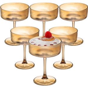 Martini Glasses Set of 6,Vintage Champagne Cocktails Glasses,10.5 Ounces Large Amber Ribbed Coupe Drinking Wine Glasses Goblet,Margarita Glasses for Bar,Dessert,Cocktail Glassware Gift Set Luxury