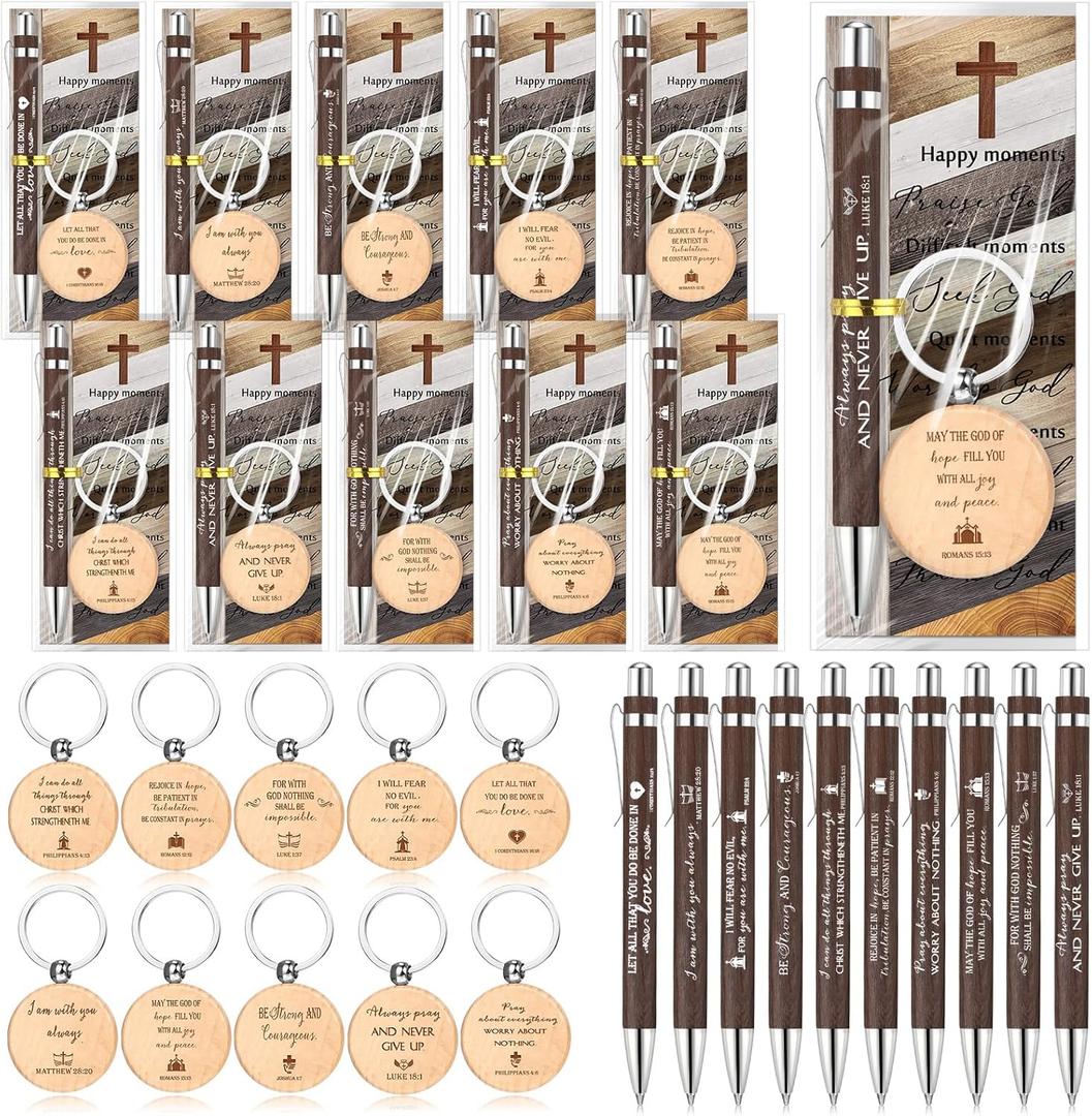 Lincia 90 Pcs Christian Gifts Bulk 30 Each of Bible Verse Pens Keychains and Bookmarks Inspirational Bamboo Pens Church Gifts for Coworker Teacher Nurse Christmas Gift Pastor Appreciation