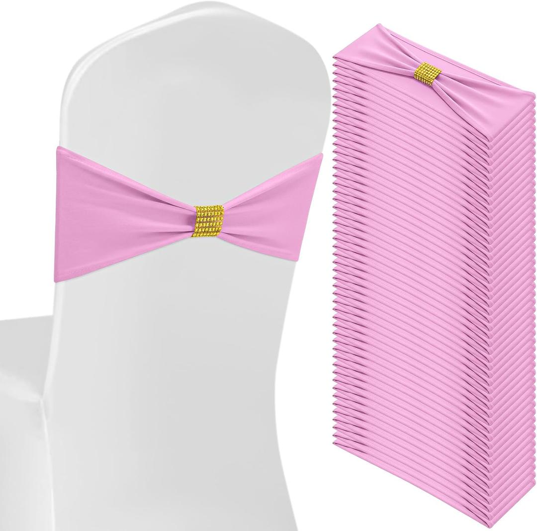 Moukeren 50 pcs Spandex Chair Sashes Bows Stretch Chair Covers Bands with Slider Buckles Universal Elastic Seat Ribbons for Wedding Party Events Ceremony Birthday Banquet(Light Pink)