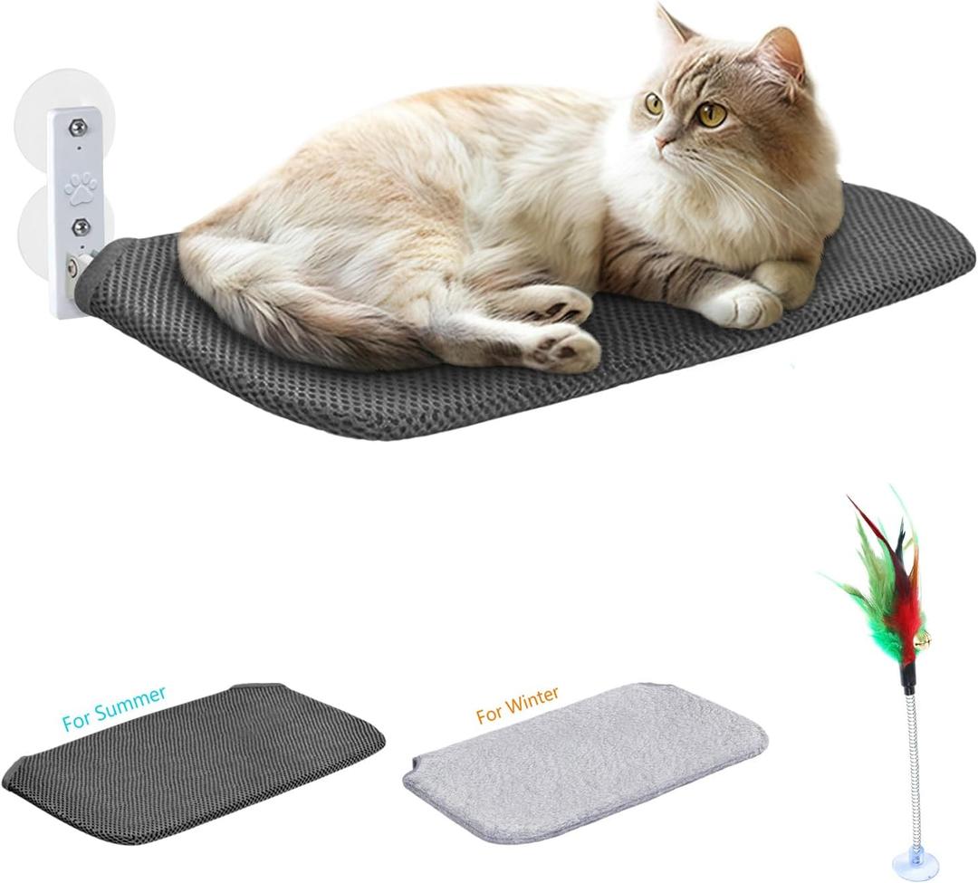 Idepet Cat Window Perch Cordless Foldable Cats Hammock Bed with Interactive Toys,Suction Cups,Reversible Cover Keep Pets Cool Warm for Summer Winter,Indoor Kitten Resting Seat(Gray&Black, 1 Pack)