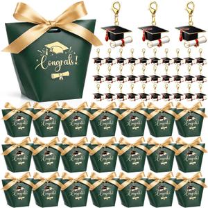 Eaasty 100 Pcs Graduation Party Favors Included 50 Class of 2026 Candy Boxes 50 Graduation Cap Keychains with Ribbon Graduate Decorations 2026 Grad Party Favors Supplies(Dark Green)