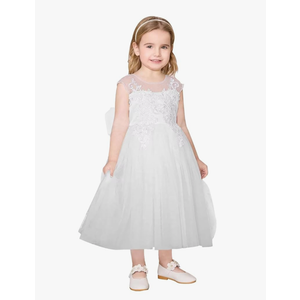 Lace Applique Flower Girl Dress for Wedding Sleeveless Tulle Bow Knot V-Back Long Satin Crew Neck Puffy Ball Gowns Size 7