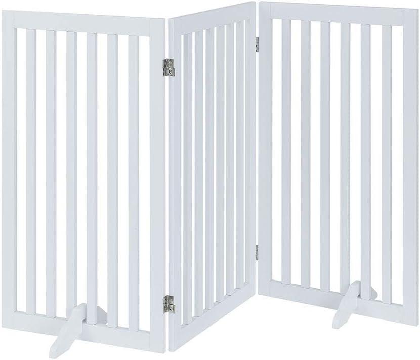 Unipaws Indoor 3 Panels Classic Freestanding Wooden Foldable Pet Gate with Support Feet - White, 20" W x 36" H