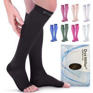 Doc Miller Open Toe Compression Socks, 20-30 mmHg, Toeless Compression Sleeves for Legs, Knee High Stockings for Shin Splints, Varicose Veins, Travel, Calf Support & Muscle Recovery, Men & Women, Pair (Large Tall, Black)