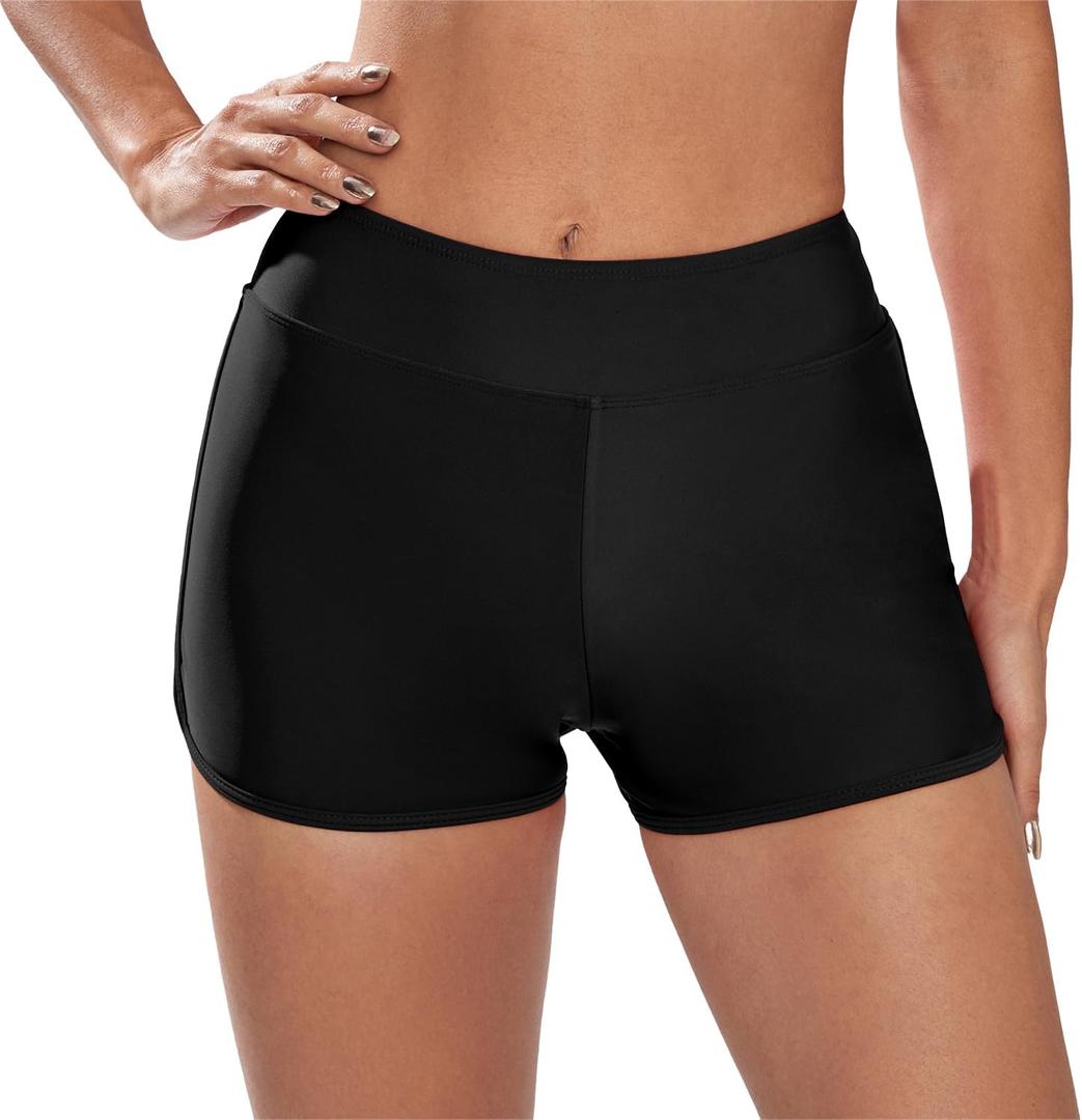 Swim Shorts for Women Stretchy Board Shorts Solid Tankini Bottoms Sport Swimsuit Bottoms (Black, S)