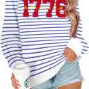 1776 America Shirt Women Star Stripe Long Sleeve Tee Patriotic 4th of July Summer USA Flag Tops (Large, Blue)