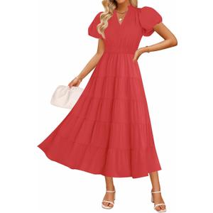 ZESICA Womens Summer Casual Ruched Ruffle Tiered Maxi Dress | Puff Short Sleeve, V Neck, Flowy Dress, Boho Beach Vacation Dress (Red, S)