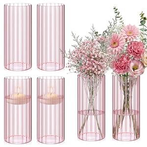 Ninehaoou 6 Pcs 8 Inch Tall Glass Ribbed Cylinder Vases Clear Floating Candle Flower Vase in Bulk, Hurricane Candle Holder for Wedding Housewarming Gift Table Centerpieces(Pink)