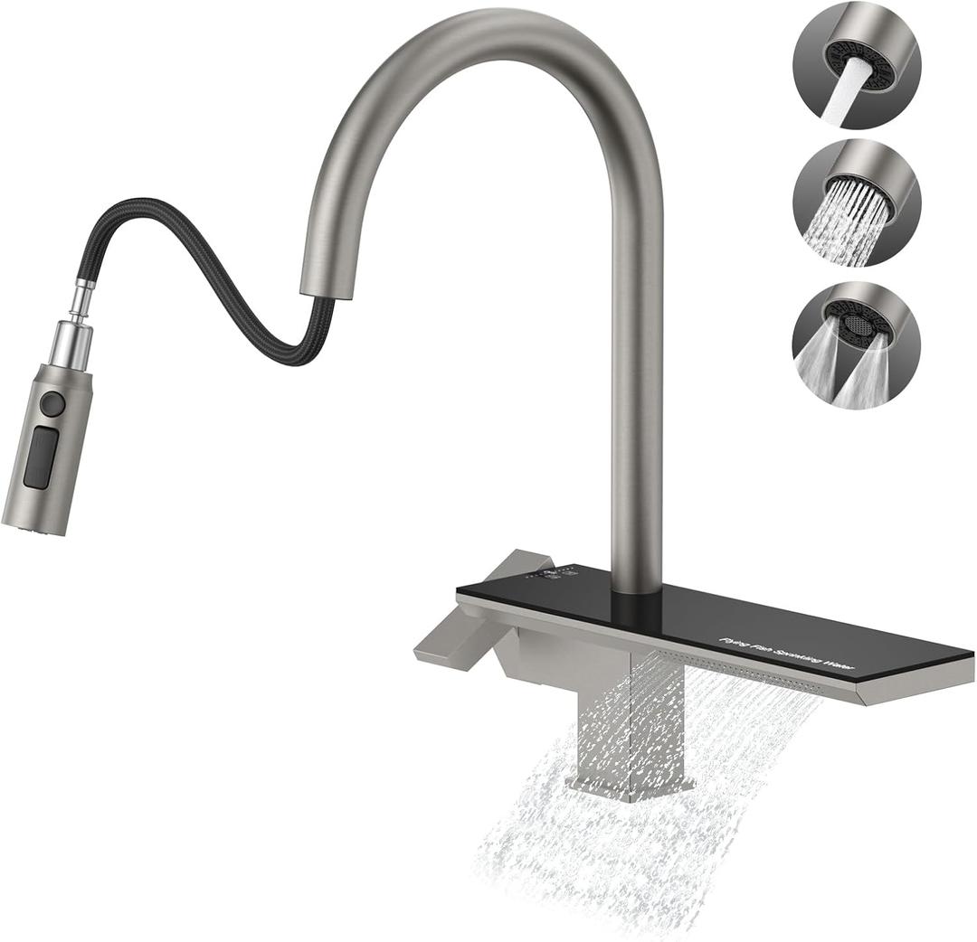 MBILLION Waterfall Kitchen Faucet with Pull Down Sprayer Brushed Nickel,Stainless Steel,4 Mode,Single-Hole,Single Handle Built-in Shelf,360 Rotation Commercial Farmhouse RV Bar Kitchen Sink Faucet