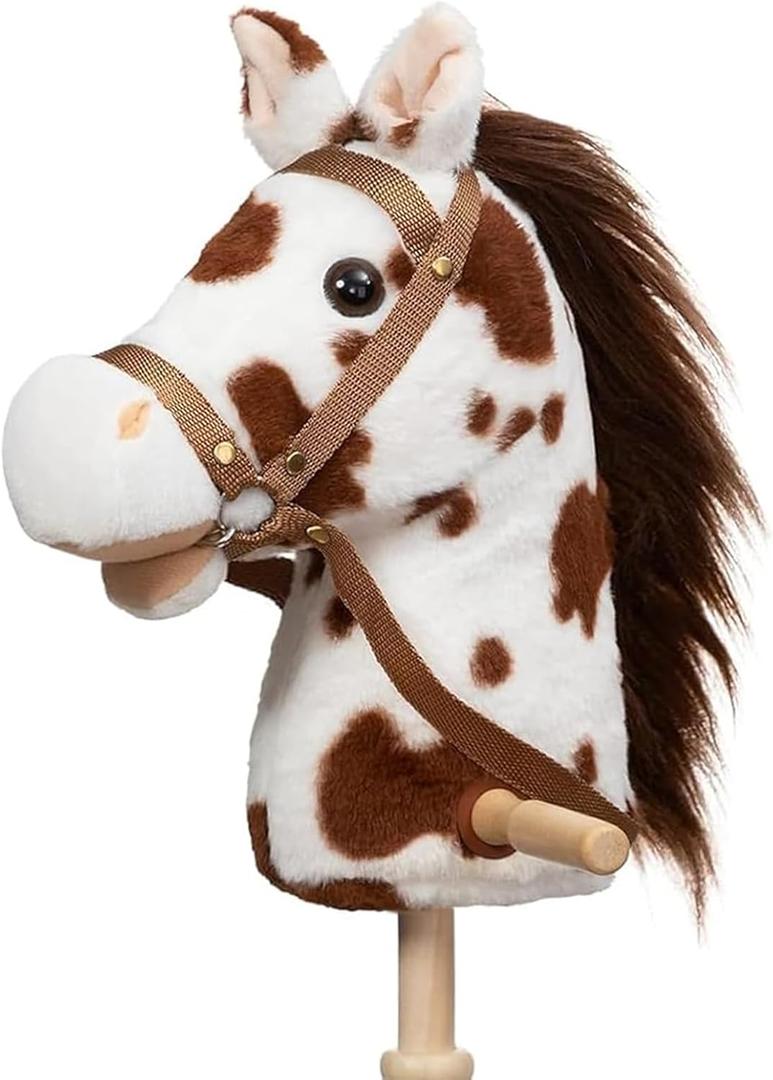 HollyHOME Stick Horse Plush Handcrafted Hobby Horse on a Stick with Wood Wheels Real Pony Neighing and Galloping Sounds for Kids Toddlers Appaloosa 36 Inches (AA Batteries Required) (Spotted)