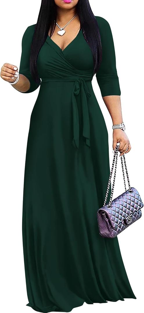 FANDEE Women's Maxi Dress - Solid Color Bohemian Summer Long Maxi Dress V-Neck 3/4 Sleeve (XX-Large, Green)