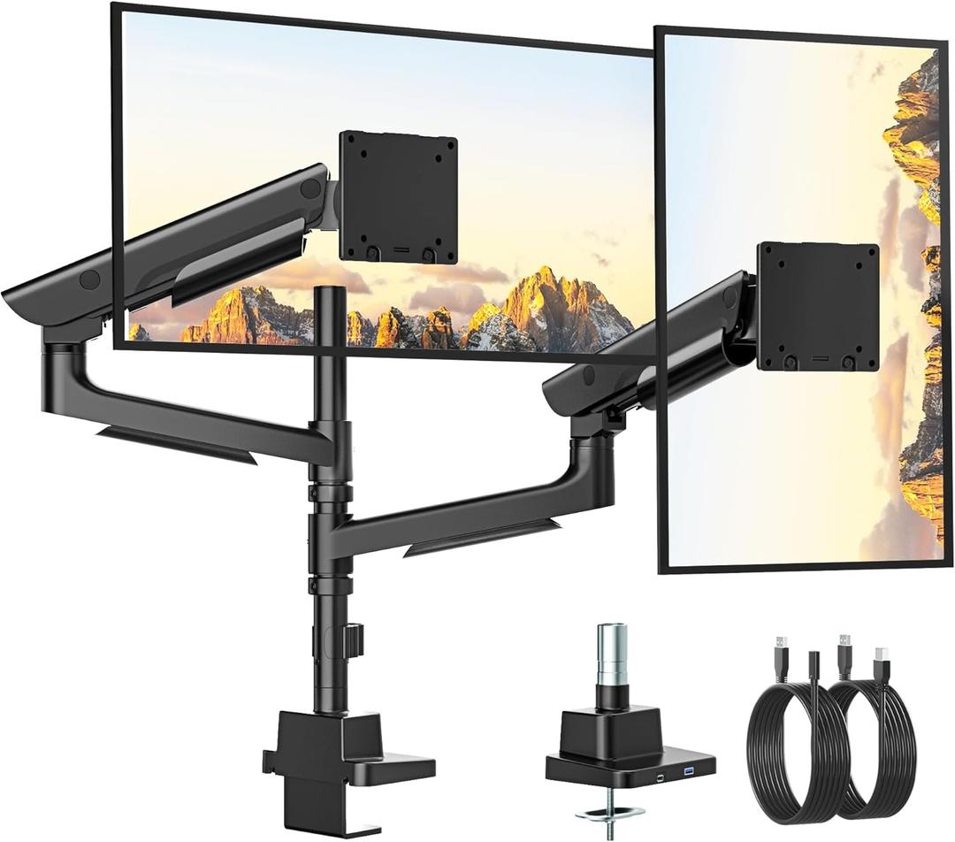 monTEK Sleek Aluminum Monitor Arm for 1757 Ultrawide Screens up to 59.4 lbs, USB 3.0 A/C, Heavy Duty Dual Monitor Arm Desk Mount, Pneumatic Lift, Quick-Release Plate, Clamp/Grommet, Max VESA 100x100