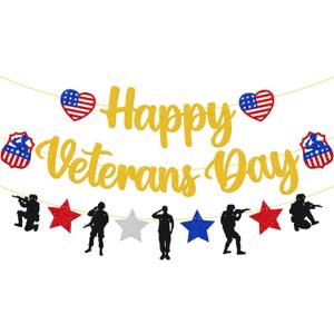2 x Happy Veterans Day Banner Thank You Veterans Theme Party Decorations America Patriotic Military Army Soldier Heroes Theme Veterans Day Party Supplies Glitter Gold