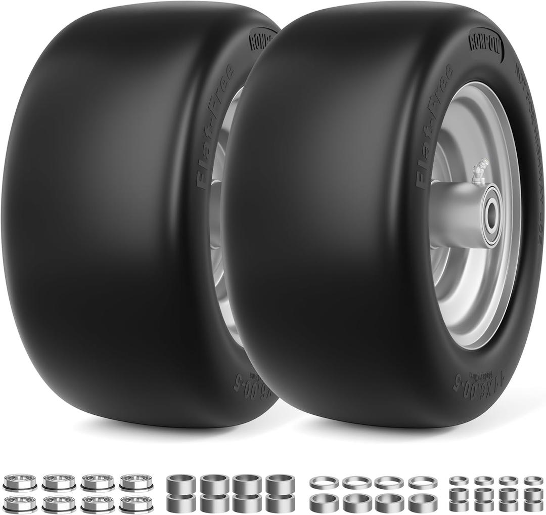 RONPOW 11x6.00-5 Flat Free Lawn Mower Tire and Wheel, 11x6x5 Solid Front Tires for Zero Turn Mower, 400Lbs Load, 3/4", 5/8" and 1/2" Bearings, 5.31"-7.71" Hub for Residential Commercial, 2Pack Gray