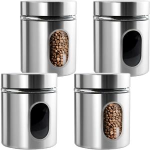 4 Pieces Kitchen Canisters Set 20 oz Stainless Steel Glass Canisters Airtight Coffee Sugar Tea Candy Jars Food Storage Container with Lid for Flour Cookies Spices Grains Kitchen Baking Home Decoration