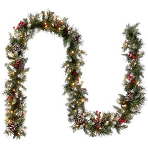 National Tree Company 9 ft Pre-Lit Frosted Berry Artificial Christmas Garland, Christmas Decoration with Pinecones, Red Berries, 100 Clear Lights, 200 Tips, Green