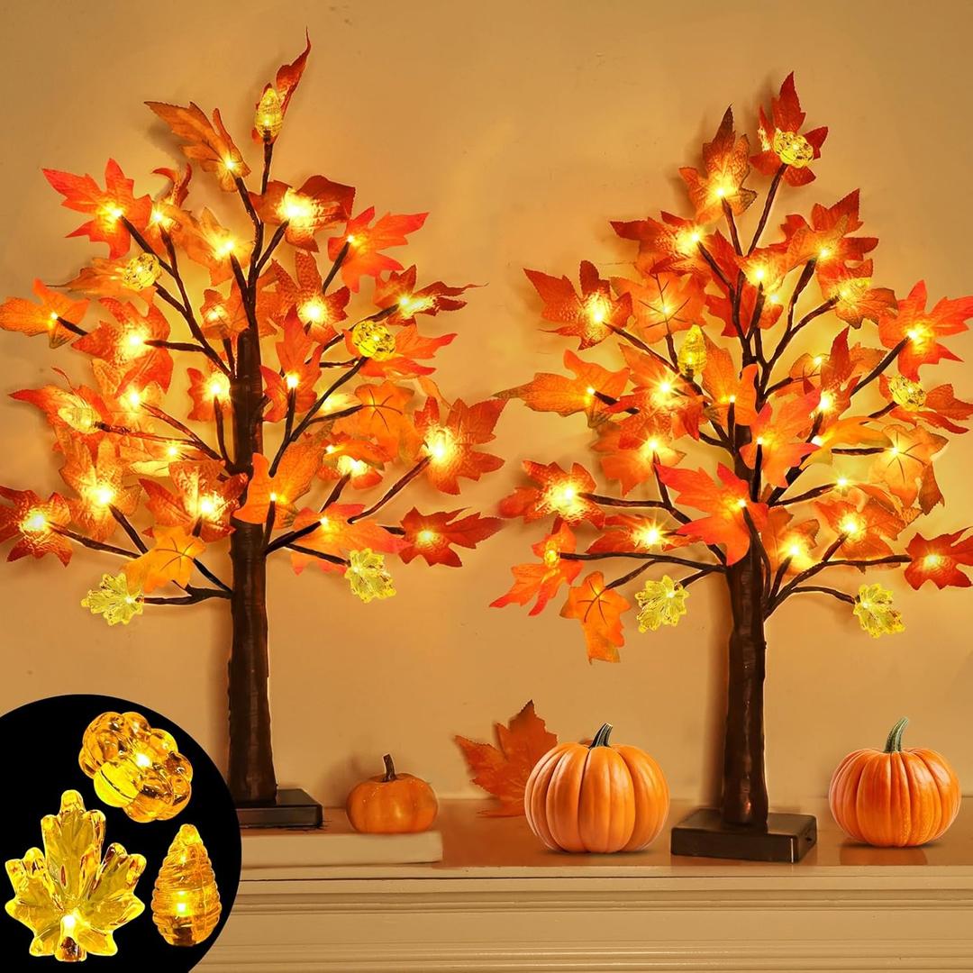Thanksgiving Decorations, 2 Pack 24''/2FT Prelit Fall Maple Tree Fall Decor Total 48 LED Timer Battery Operated Lighted Pumpkins Acorns Maples Leaves Thanksgiving Autumn Indoor Home Table Christmas