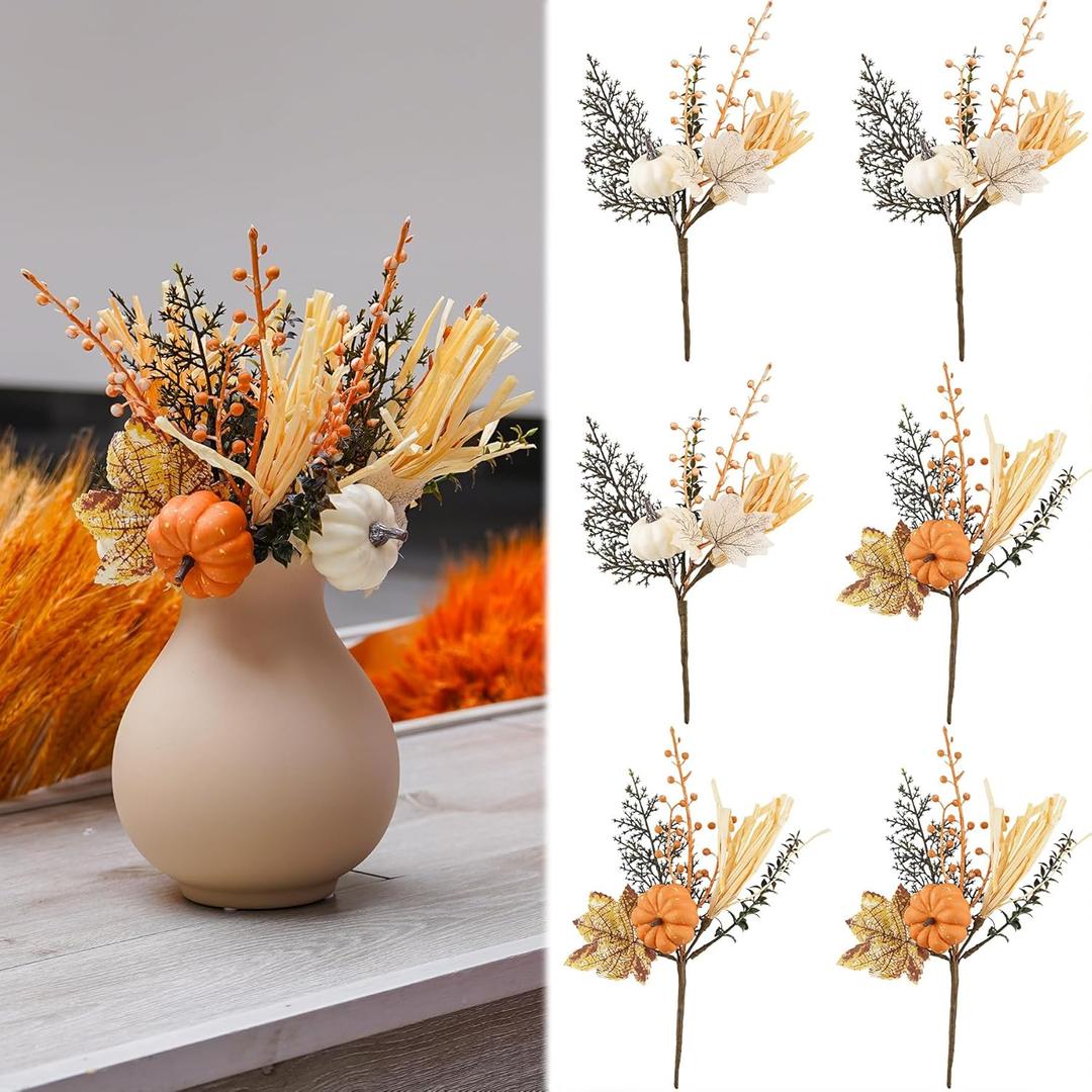 Rhytsing 6 Pieces Artificial Autumn Picks 13 Inches with Realistic Pumpkins and Leaves for Home Decor, Faux Fall Stems for Wreath, Vase, Thanksgiving and Harvest Celebration, 2 Designs Mix