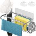 KESOL 4-in-1 Adhesive Sink Caddy: Stainless Steel Sponge Holder with Dishcloth Holder, Brush & Soap Rack, and Drain Stopper, Suction Cup with Strong Adhesives, Kitchen Sink Accessories, Silver