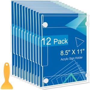 12 Pack Acrylic Sign Holder 8.5 x 11 Wall Mount, Vertical & Horizontal Use, Wall Sign Holder Memo Document Menu Holder for Office Store Restaurants Wedding Party Decoration, No Drilling
