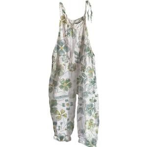 MARSVOVO Floral Printed Bohemian Jumpsuits for Women Sleeveless Spaghetti Strap Rompers Wide Leg Bib Overall with Pockets (Large)