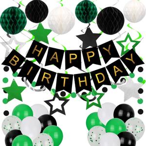Birthday Decorations, Happy Birthday Banner with Birthday Balloons, Honeycomb Balls, Hanging Swirls, Circle Dots Garland, Happy Birthday Party Decorations for Women Men Boys Girls (Green&Black)