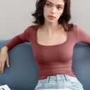 PUMIEY Women's Long Sleeve T Shirts Scoop Neck Slim Fit Going Out Tops Double Lined Basic Tee Smoke Cloud Collection (L)