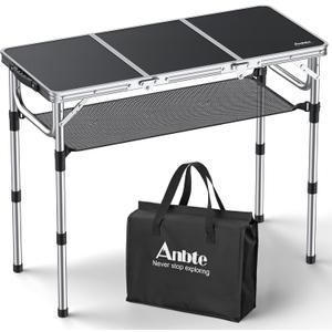 Folding Camping Table with Storage Net, 3ft Camping Table Aluminum Folding Table with 3 Adjustable Height Max 27.1 Inch Picnic Table Portable Table for Outdoor Backyard BBQ, Black