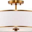 Kira Home Chloe 15" Retro Modern 3-Light Semi-Flush Mount Ceiling Light + White Drum Shade, LED Compatible, Round Tempered Glass Diffuser, Warm Brass Trim Finish