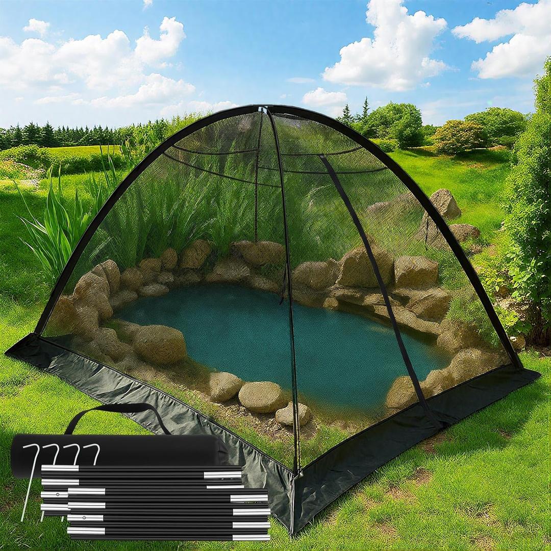 Pond Cover Dome Net 10x14 ft Netting Pond Covering Tent with Zipper Storage Straps, Fiberglass Poles, Ground Nails, Tie Ropes for Outdoor Garden Fish Pool Protection from Leaves Animals