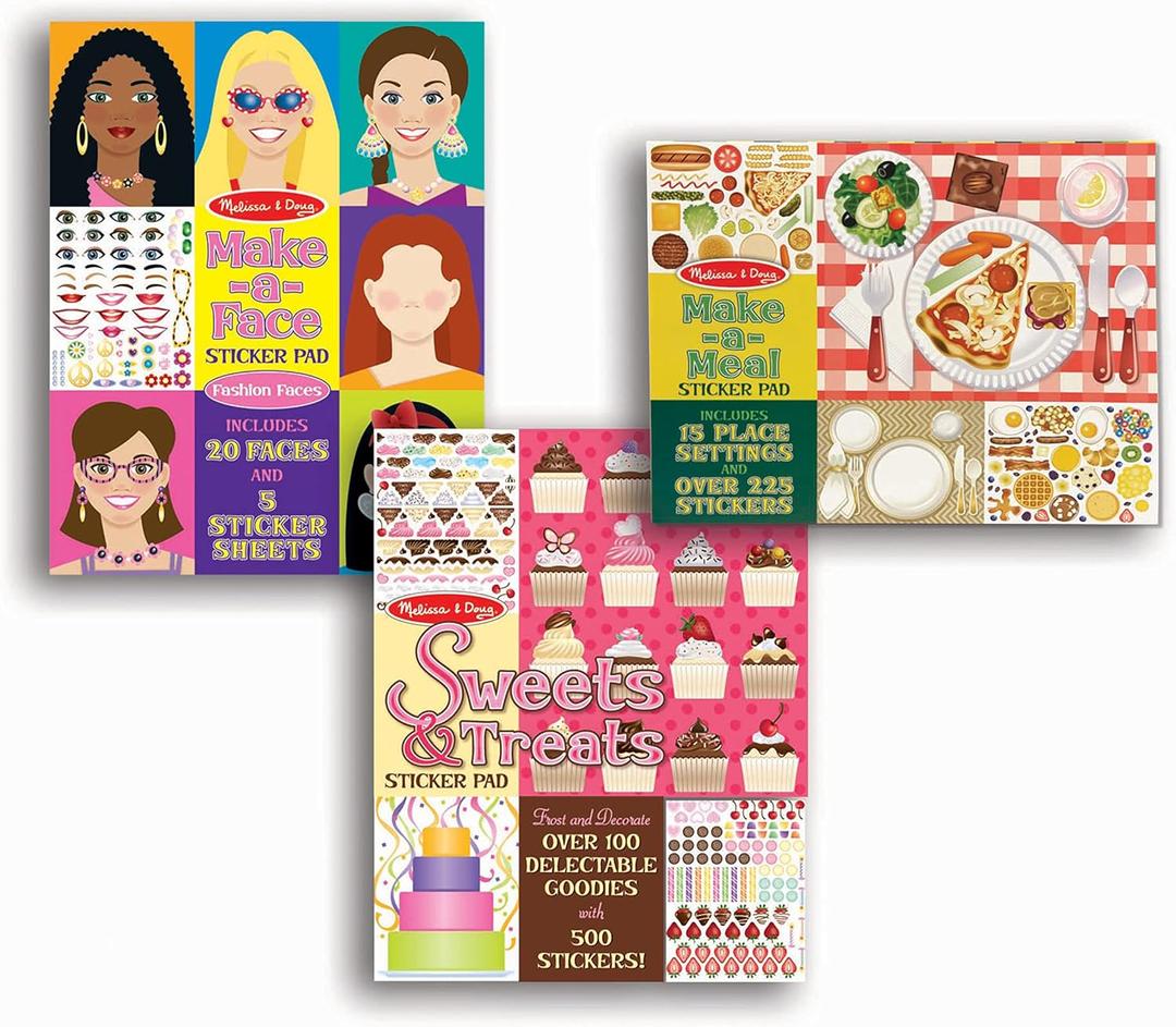 Melissa & Doug Sticker Pads 3-Pack - Sweets and Treats, Make-a-Face Fashion, and Make-a-Meal - FSC Certified