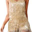 Kaei&Shi Sequin Fringe Romper,Sparkly Glitter Metallic Jumpsuits For Women,Backless Shorts Dress Disco Birthday Dance Outfit (M, Gold)