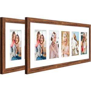 8x24 Collage frame with 5 Openings 4X6 Pictures, Multiple Picture Frame with Mat, Wall or Tabletop Decor, Carbonized Brown Wood Grain,2 Pack