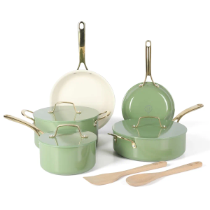 Martha Stewart Galway Premium Nonstick PFA Free Ceramic Interior 10 Piece Heavy Gauge Enamel Aluminum Pots and Pans Cookware Set W/Aluminum Lids - Sage Green W/Gold Handle