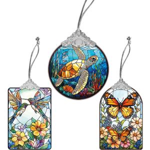XIAOAIKASet of 3 Stained Glass Style Ornaments, Christmas Tree Hanging Decorations and Acrylic Window Suncatchers, Butterfly, Hummingbird and Sea Turtle Designs, for Women Mom