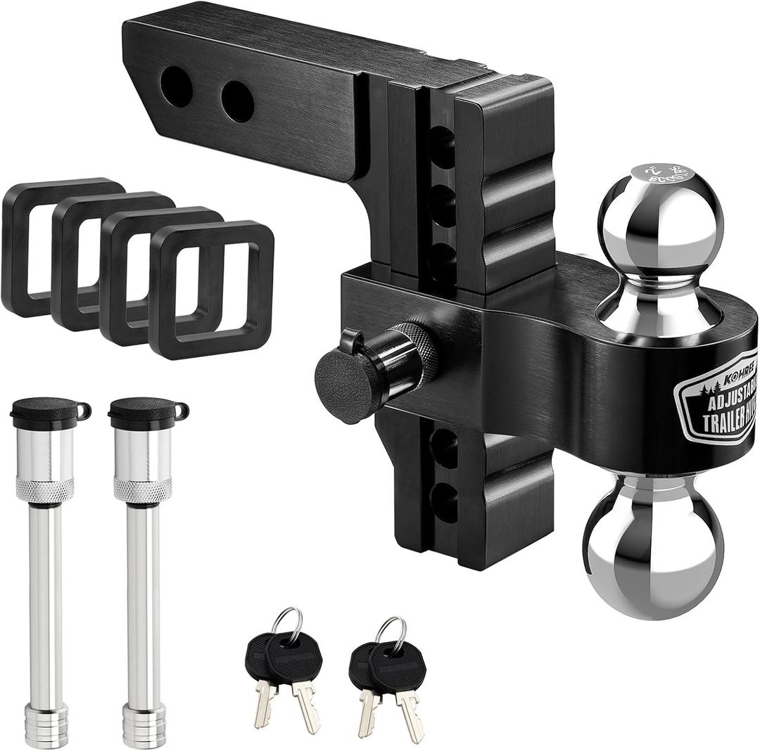 Kohree 6" Adjustable Trailer Hitch Fit 2 Inch Receiver, Dual Solid Ball 2" and 2-5/16"(12,500 LBS GTW), Drop & Rise Heavy Duty Aluminum Tow Hitch with 4 Silencer Pads & 2 Locking Hitch Pin, Black