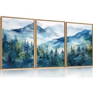 Celestdeco Blue Ridge Mountains Forest Framed Canvas Wall Art Set, Natural Landscape Wall Decor, Green Pine Trees Wall Painting, Woodland Artworks for Living Room, Bedroom, Dining Room - 24"x36"x3