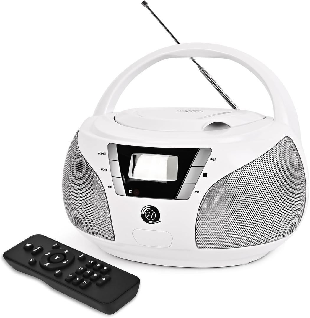 Portable CD Player Boombox with Bluetooth, FM Radio, USB Playback, Stereo Sound, Remote Control, Home Stereo Music System for Seniors and Family Gatherings (White)