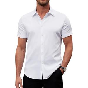 Alimens & Gentle Men's Short Sleeve Dress Shirts Stretch Regular Fit Shirt Casual Button Down Business Shirts White, Extra Large 