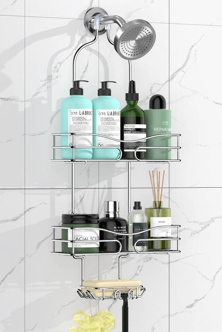 Shower Caddy - Organizer with 6 Hooks, Soap Basket & Self-Adhesive Pad, Silver