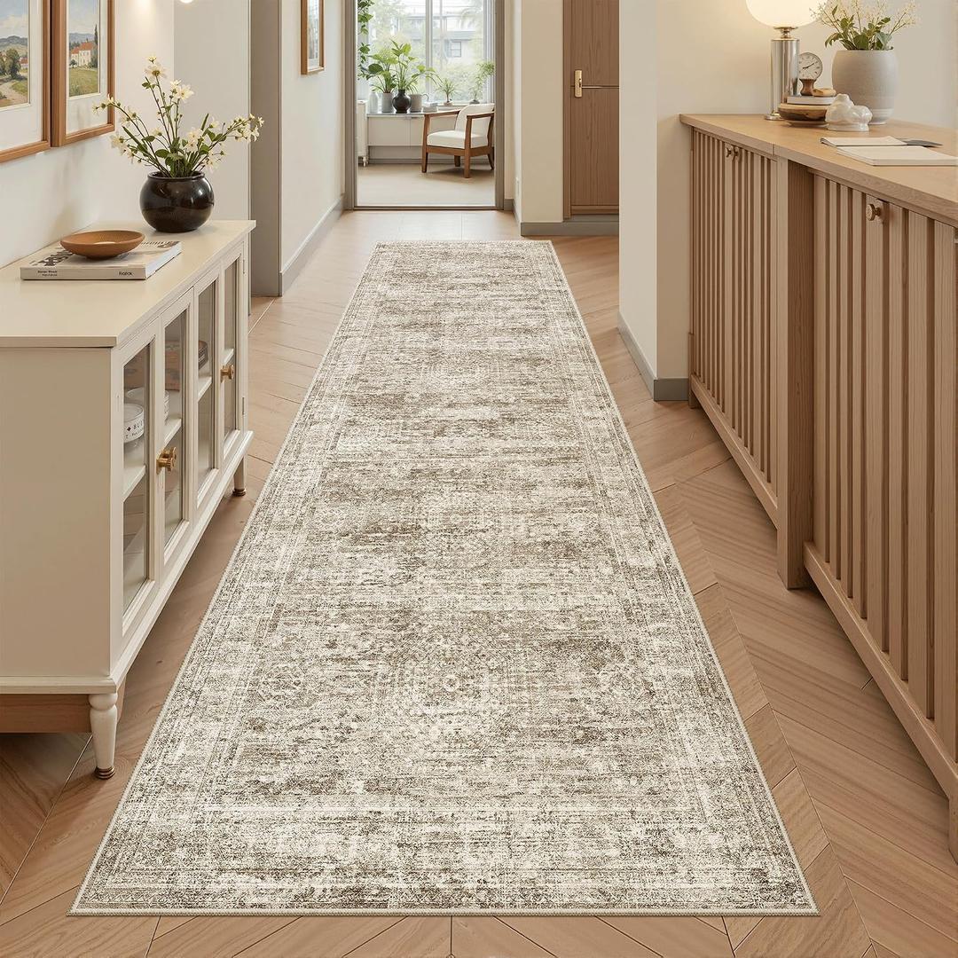 Soalmost Washable Runner Rug, 2'6" x 8' Non-Slip Kitchen Vintage Foldable Hallway Runners for Entryway, Laundry, Bedroom, Brown